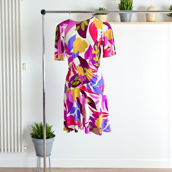 Donna Morgan Colorful Floral Ruched Sides Jersey Knit Dress Size 4 - Picture 1 of 12